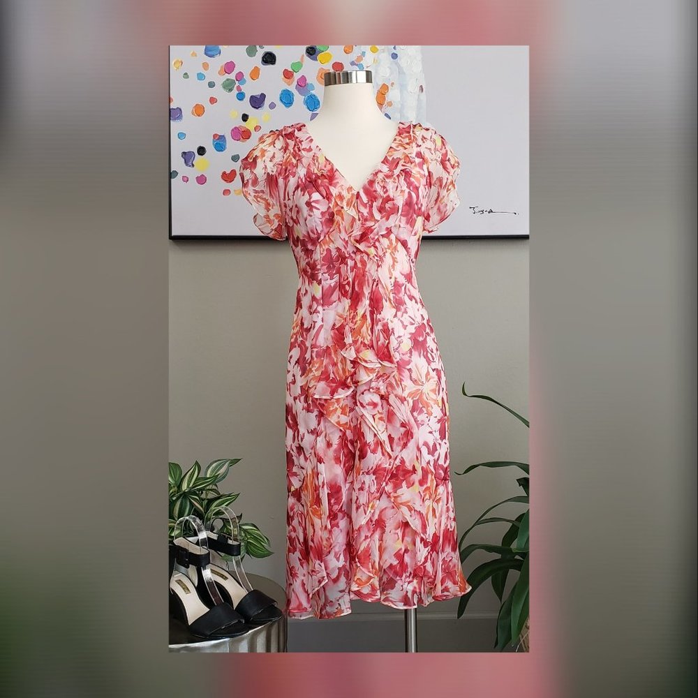 Carmen Marc Valvo Pink Floral Silk Ruffle Dress Size 4 - Picture 3 of 13